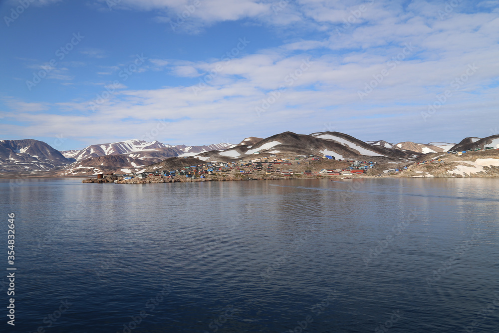 The remote township of Ittoqqortoormiit from the sea. 