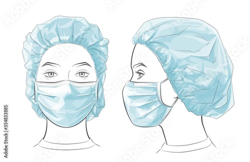 Vector illustration Woman wearing disposable medical surgical face mask.