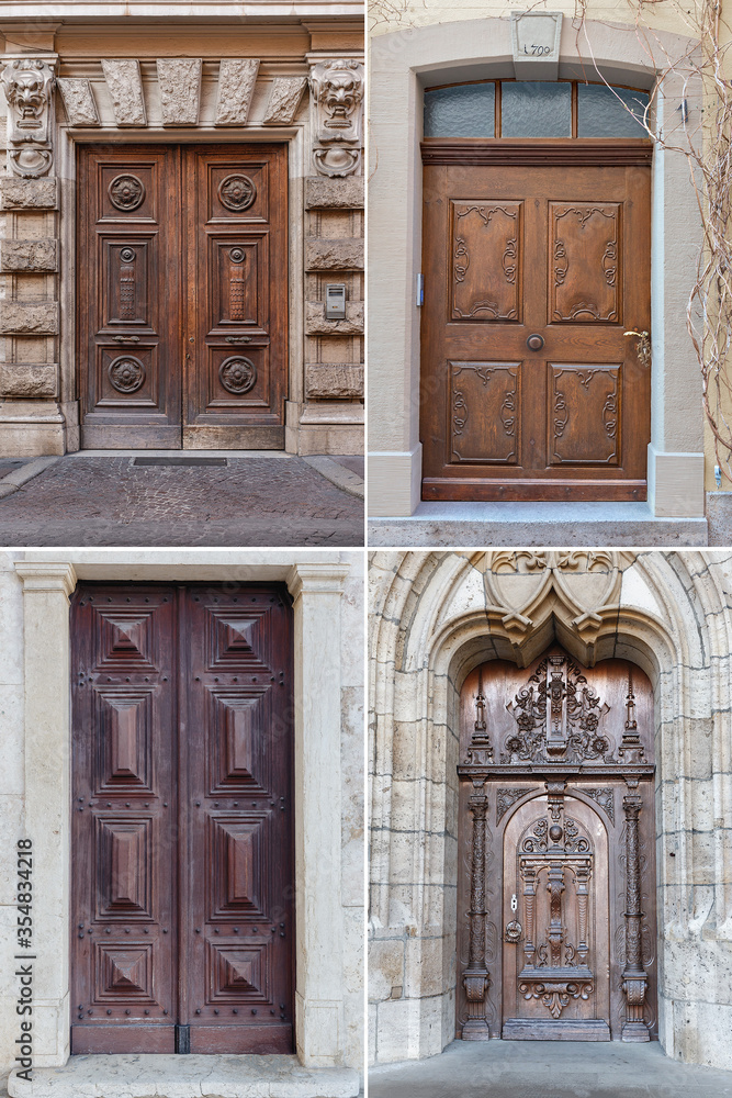 four wooden doors with beautiful decorative wooden trim in the historical part of various European cities