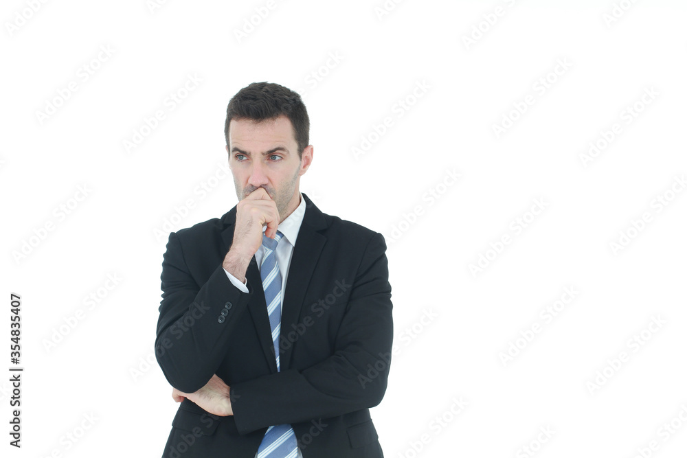 Successful and handsome businessman in a suit serious and hard thinking in working isolated on white background. Copy space Successful and handsome businessman in a suit serious and hard thinking in working isolated on white background. Copy space