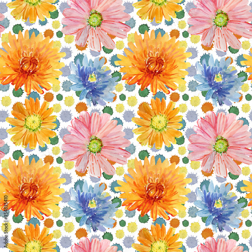 Background with flowers and dots. Watercolor flowers.