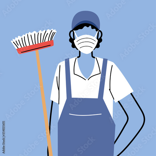 cleaning man with medical mask and work team