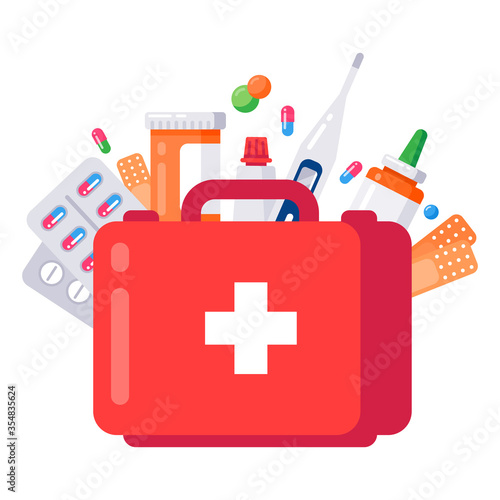 Medical first-aid kit. Pills, ointments, thermometer and pharmaceutical drugs isolated vector illustration