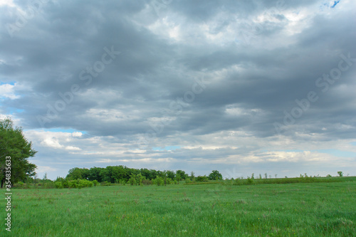 Sky with rain clouds over a green meadow