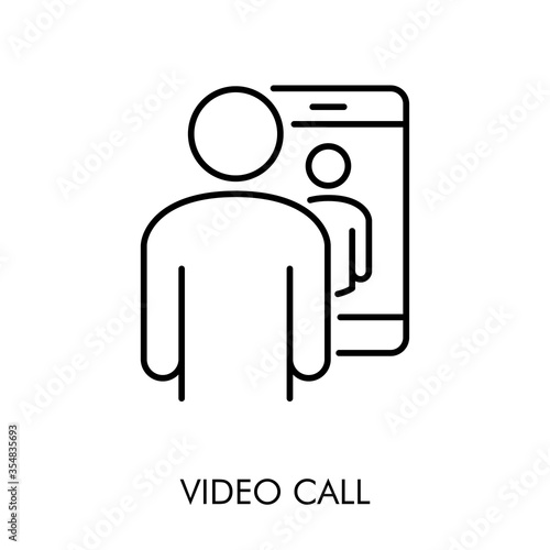 Hombre realizando vídeo llamada en teléfono inteligente. Icono plano lineal con texto VIDEO CALL en color negro