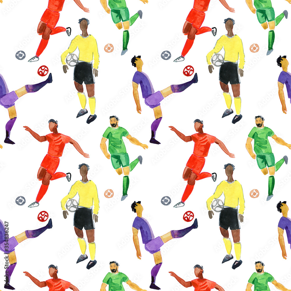 Seamless pattern with soccer players. Soccer football world championship player game match soccer fans thin line icons seamless background pattern.