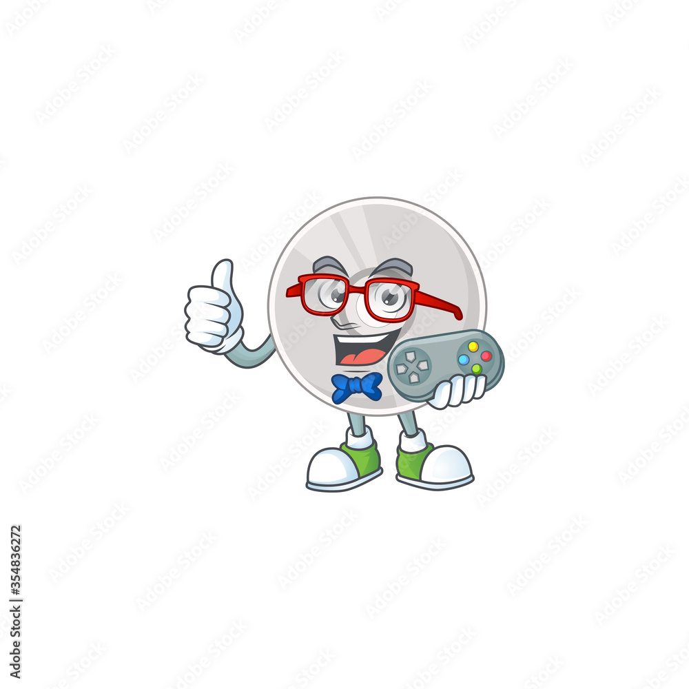 Cartoon mascot design of compact disk play a game with controller
