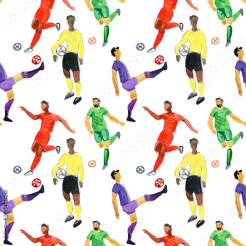 Seamless pattern with soccer players. Soccer football world championship player game match soccer fans thin line icons seamless background pattern. © Olesia La