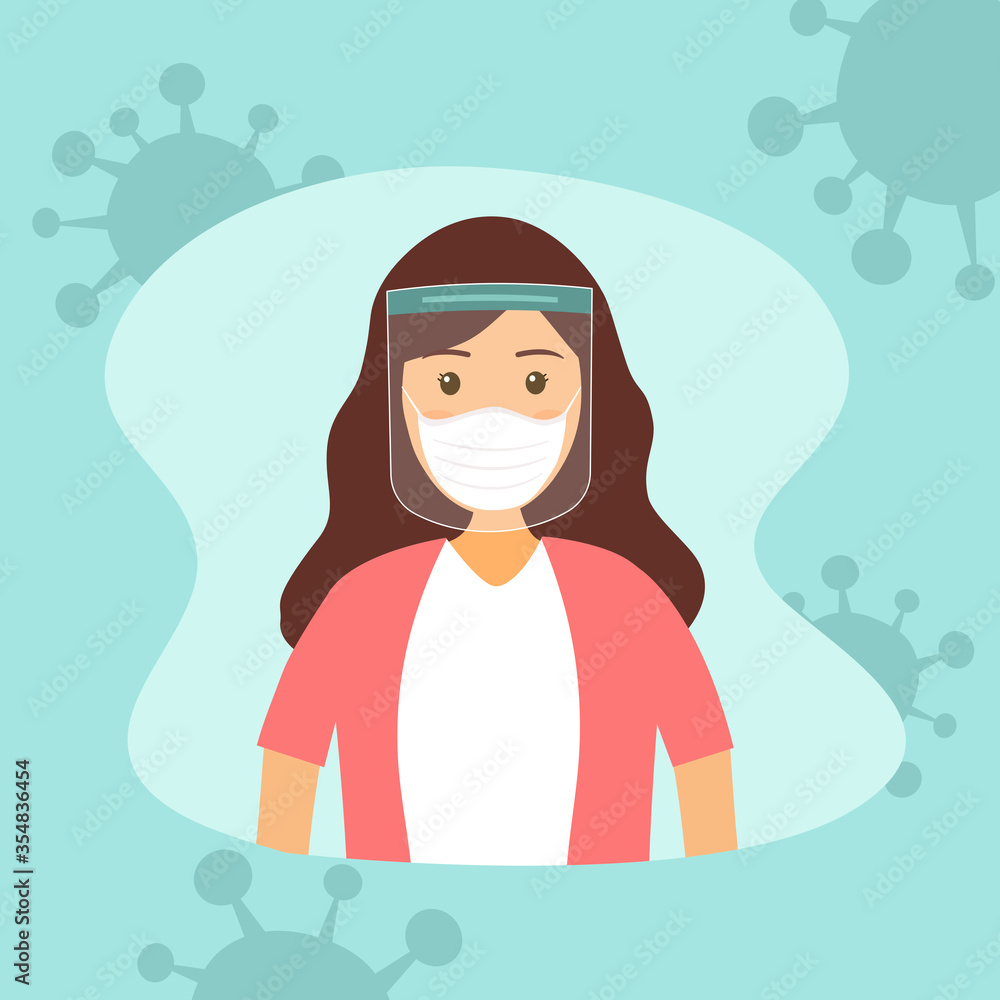 Obraz premium A young woman wearing face mask and a plastic medical face shield. Close up shot girl face wearing Covid-19 coronavirus protective mask. Virus protection equipment. Healthcare concept.