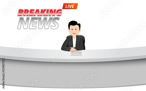 broadcaster at the white table in the the news studio room