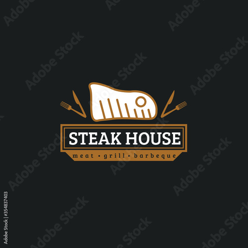 Steak house restaurant logo vector with text  sliced meat illustration  knife and fork isolated on black background perfect for steak restaurant identity and logo
