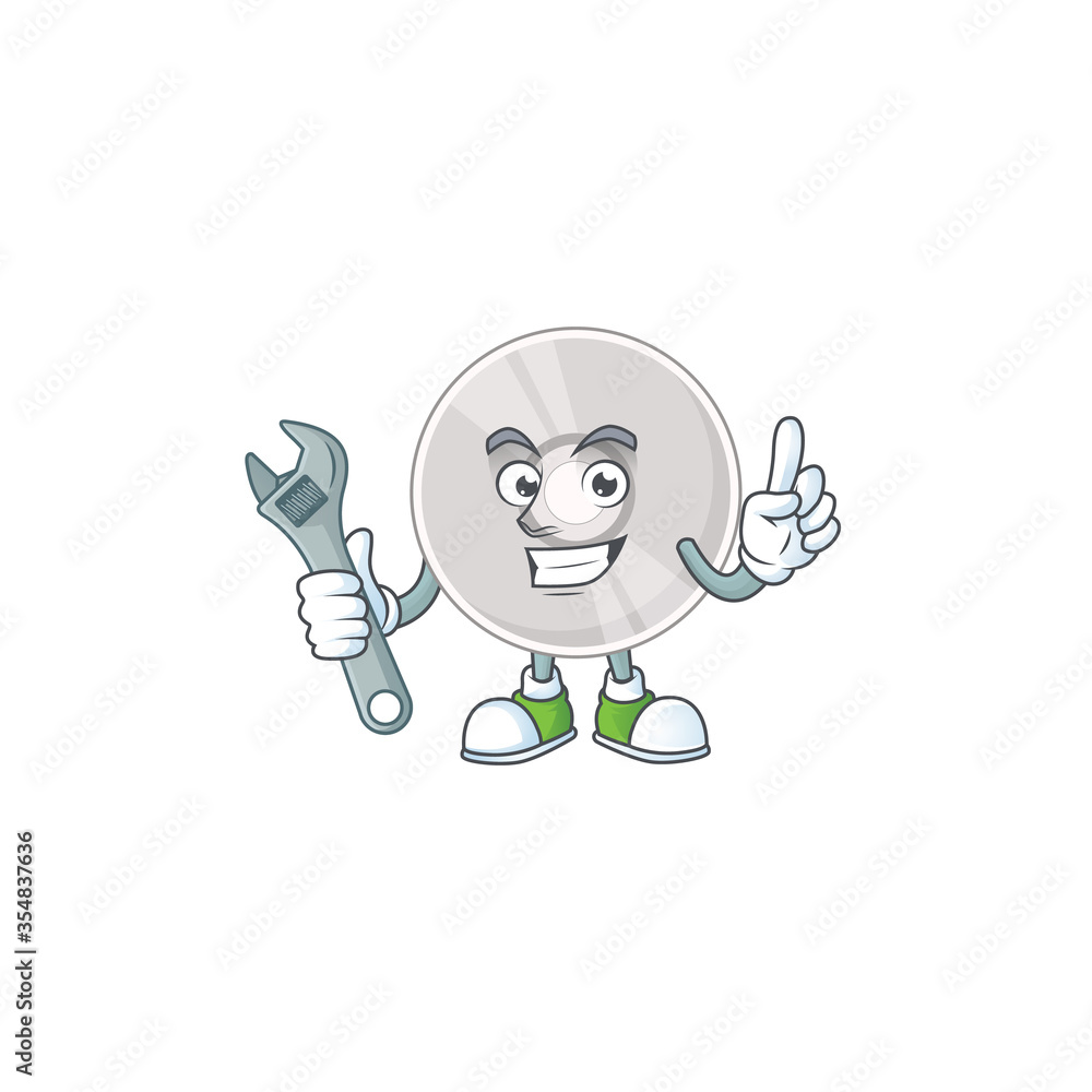 A smart mechanic compact disk cartoon mascot design fix a broken machine A smart mechanic compact disk cartoon mascot design fix a broken machine