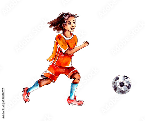 Painted watercolor illustration.Children's sport.Children play soccer.A boy soccer player in an orange uniform with a number runs for the ball.Isolated on a white background. © Farida