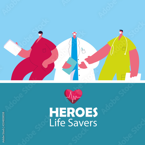 medical heroes working against the coronavirus with masks and medical kit