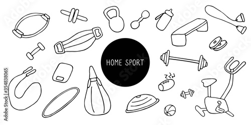 Simple icons of sports goods and accessories. Fitness at home, home workout. Hand drawn vector illustration