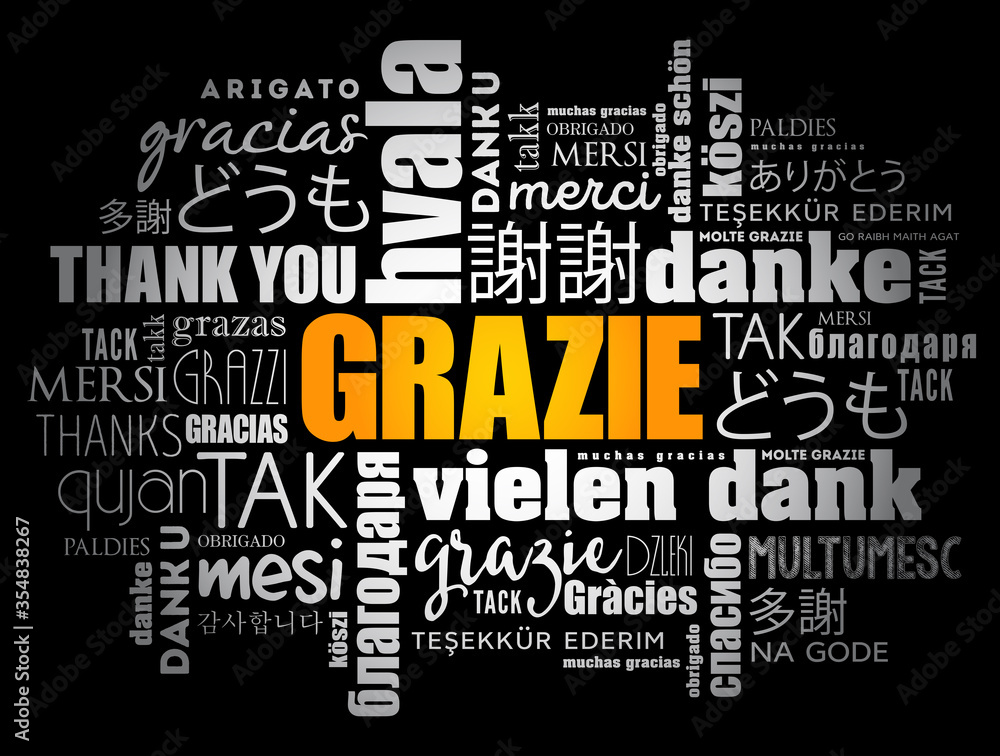 Grazie (Thank You in Italian) word cloud background in different languages
