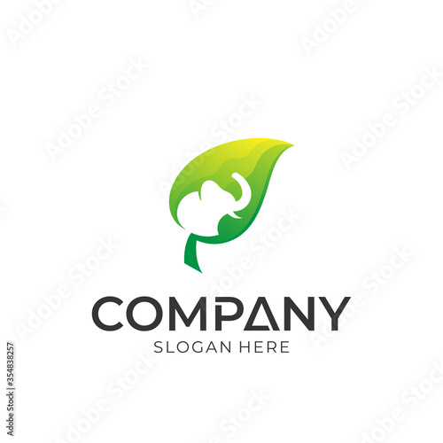 Logo vector of leaf with elephant. Green logo style. Logotype for template. Animal mascot. Nature environment icon.