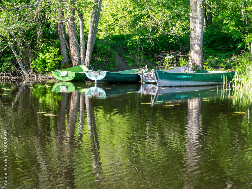 lake shore with trees and green grass, bright spring morning by the water, boats and tree reflections in the water lake shore with trees and green grass, bright spring morning by the water, boats and tree reflections in the water