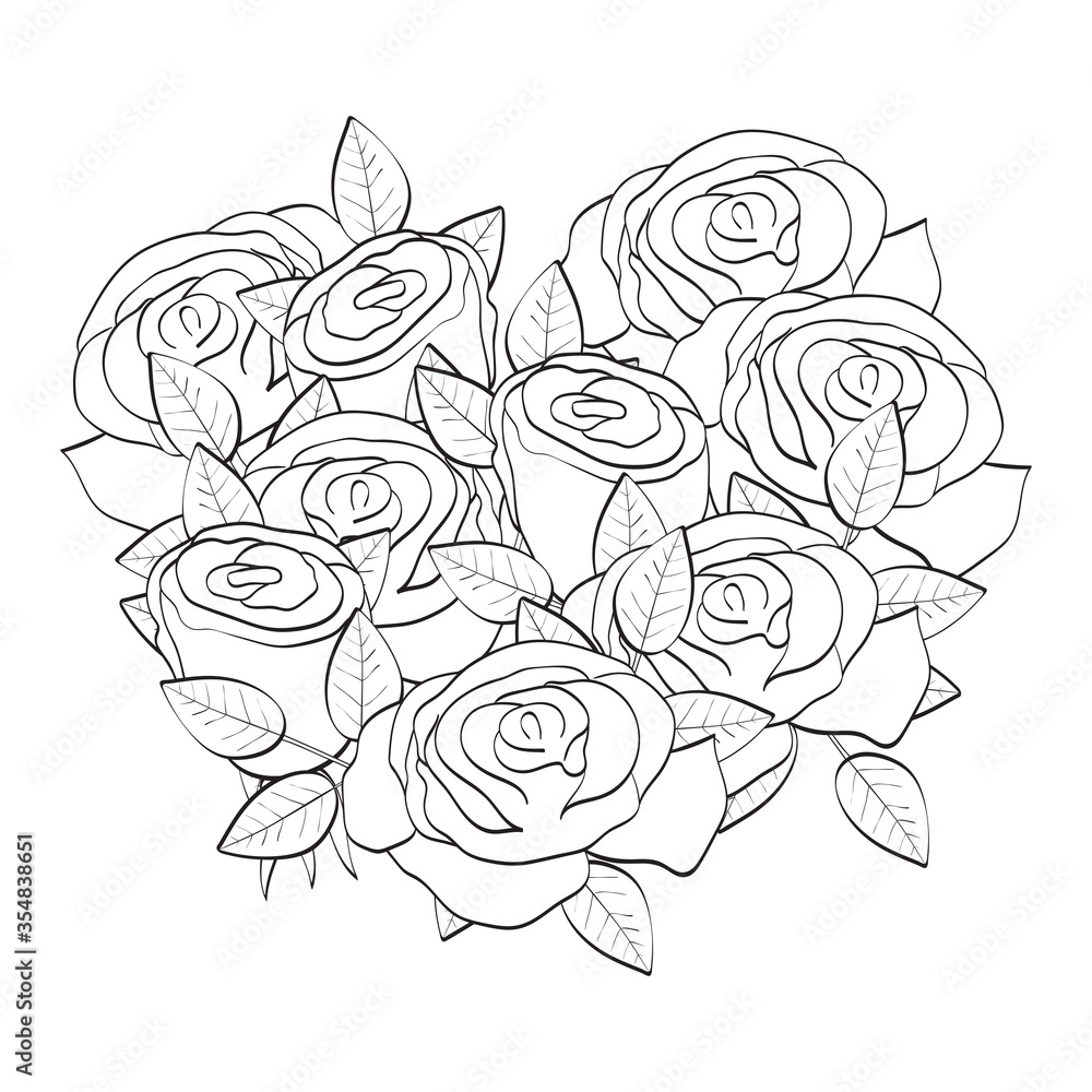 Roses. Heart from flowers. Coloring page. Roses. Heart from flowers. Coloring page.