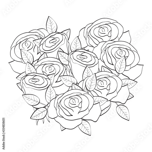 Roses. Heart from flowers. Coloring page.