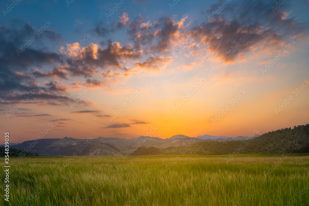 Colorful of clouds and blue sky with sun set for nature textured background