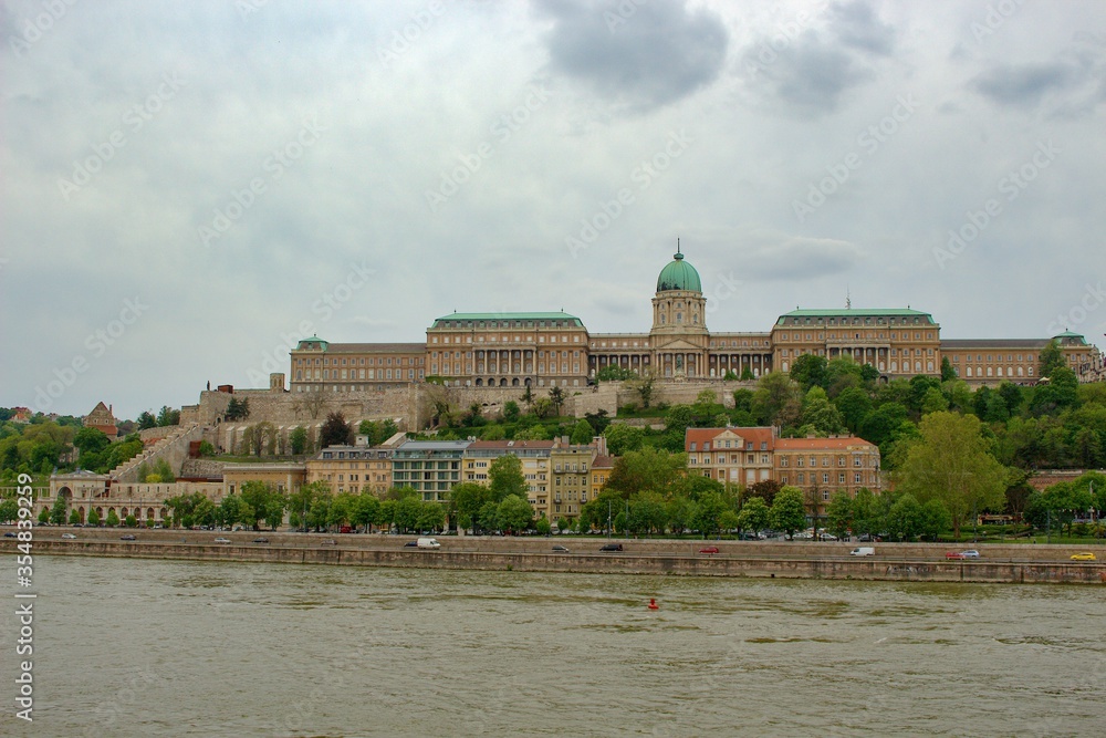 Landscape view of city Budapest, Hungary on the Dunabe river during cloudy and rainy day