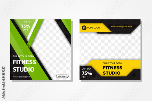 Gym Fitness studio social media post template square layout banner. Abstract modern geometric style use dot pattern. the color combination are green, yellow and black. Space for photo collage. 