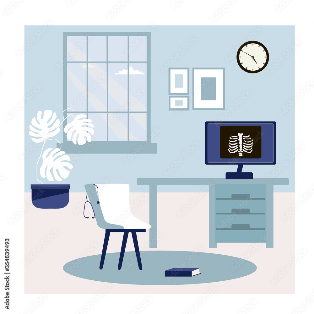 Doctor office workplace room interior, modern hospital clinic cabinet interior empty no people flat vector illustration. Doctor office workplace room interior, modern hospital clinic cabinet interior empty no people flat vector illustration.