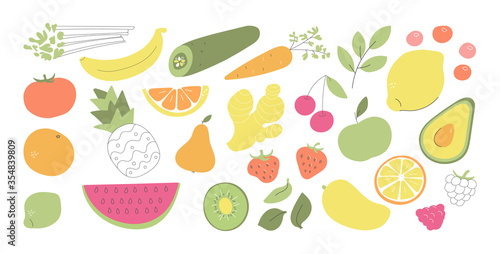 Fototapeta Naklejka Na Ścianę i Meble -  Set of fruits, vegetables, and berries. Collection of food in flat style. Hand drawn doodle objects on white. Whimsical pineapple, orange, avocado, watermelon, and other fresh fruits.