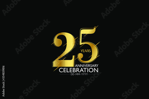 25 year minimalist logo years, jubilee, greeting card. Birthday invitation. Sign Gold space vector illustration on black background - Vector