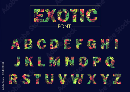Tropical leaves font vector, exotic hawaiian floral texture alphabet letters
