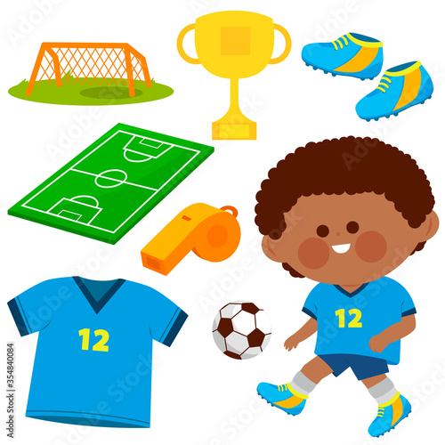 Little boy playing soccer. Soccer collection. Vector illustration set