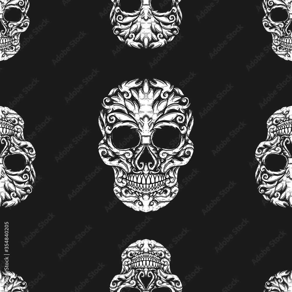 Seamless pattern with sugar skulls. Design element for poster, card, banner, t shirt. Vector illustration
