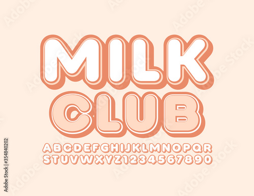Vector tasty sign Milk Club with Trendy Font. Stylish Alphabet Letters and Numbers
