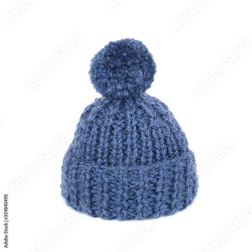 Knitted blue hat isolated on white background