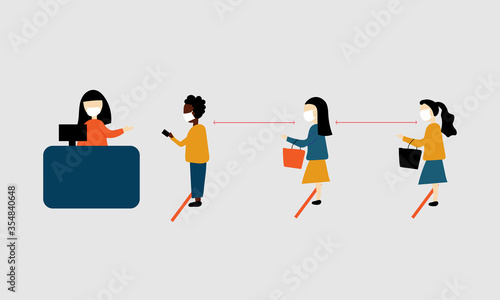 vector illustration of business people .
Physical distancing Concept. Keep at least two metres away from other people to protect yourself from coronavirus at counter service.

