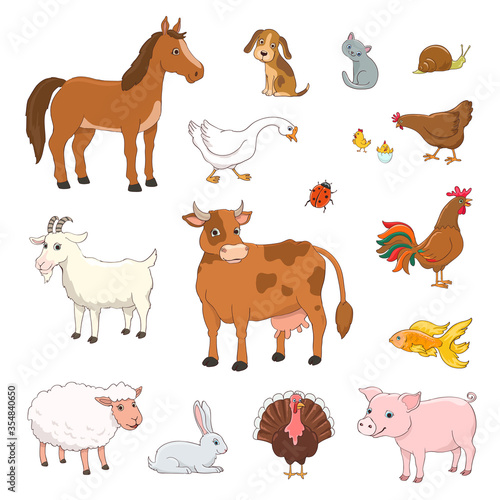 set of cartoon farm animals and poultry on white