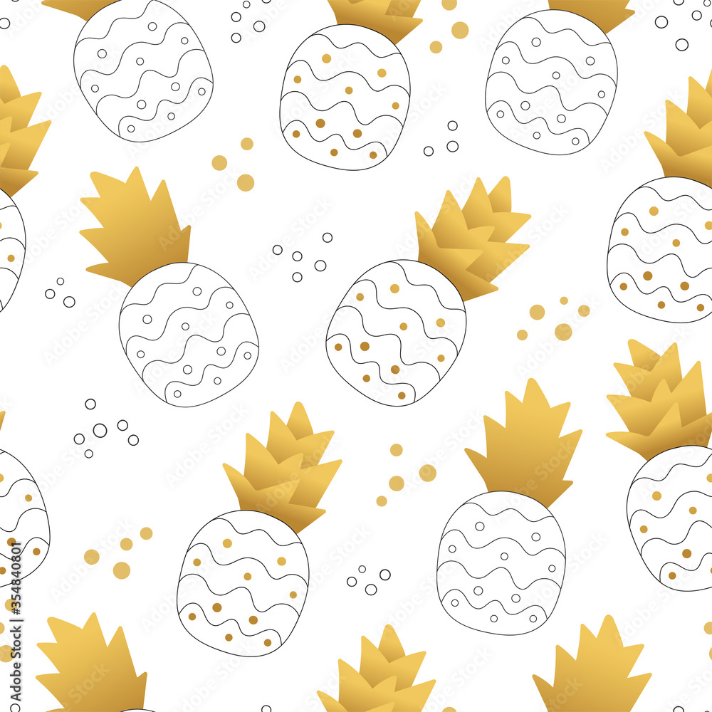 Vector seamless pattern with pineapples. Cute hand drawn fruits with golden leaves. Endless background with whimsy pineapples on white. Cute print or wallpaper design.