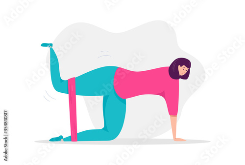 Woman exercising with a resistance band. Woman standing on her knees and doing leg press. Glutes workout with a resistance loop. Lady working on her leg muscles. Vector illustration on fitness.