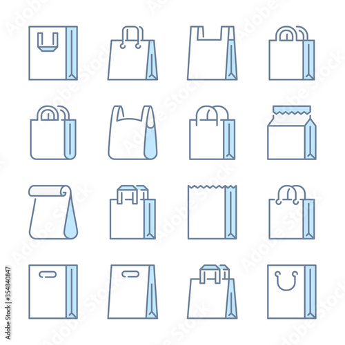 Shopping bag related blue line colored icons. Paper market bag and Grocery bag icon set.