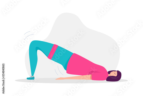 Woman exercising with a resistance band. Woman laying on the floor and doing glute bridge. Glutes workout with a resistance loop. Lady working on her leg muscles. Vector illustration on fitness.
