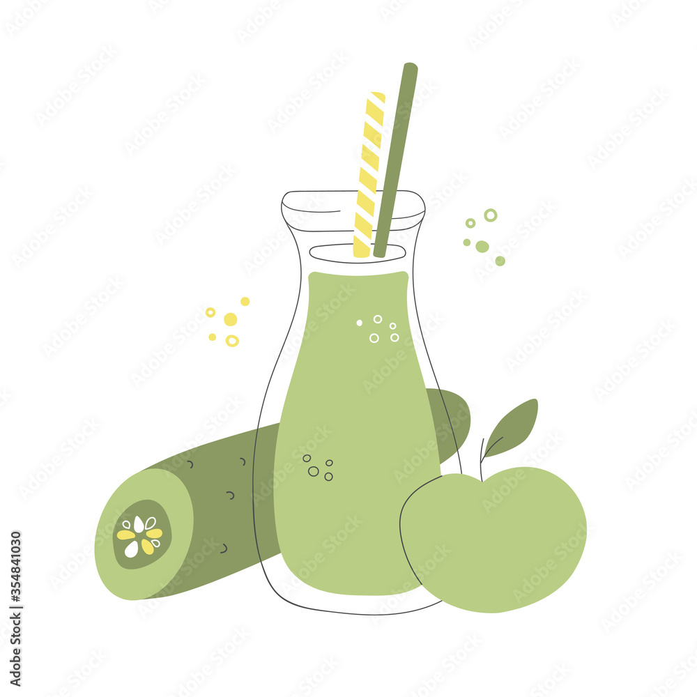 Fresh green smoothie in a bottle. Glass jar with two straws. Juice made of cucumber and apple. Detox summer drink in doodle style. Whimsical food illustration. Fresh green smoothie in a bottle. Glass jar with two straws. Juice made of cucumber and apple. Detox summer drink in doodle style. Whimsical food illustration.
