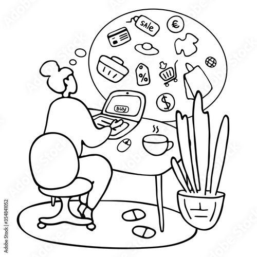 E-commerce buyer. Internet items. Online shopping concept. Hand drawn vector illustration