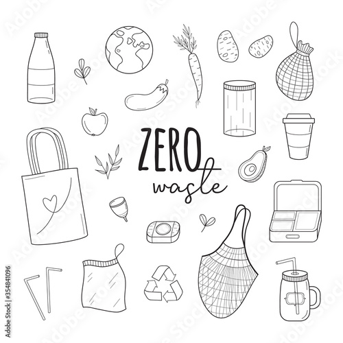 Zero waste vector illustration set. Hand drawn environment-friendly graphic collection of zero waste shopping simple black outlined icons. Isolated.