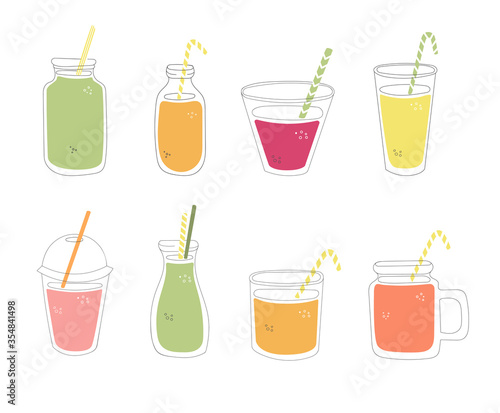 Set of glasses with juice. Hand drawn cups with fresh smoothie. Collection of summer drinks in doodle style. Colourful glasses, cups and bottles isolated on white.