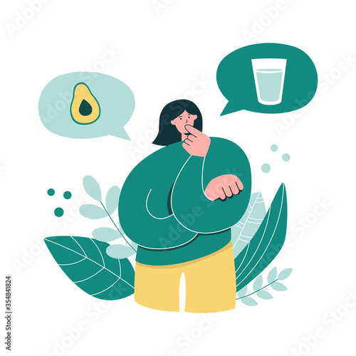 Woman thinking over Intermittent fasting. Young girl choosing to fast or to eat. Oversized woman considers time restricted eating. Keto diet and Intermittent fasting concept. Modern flat character. 