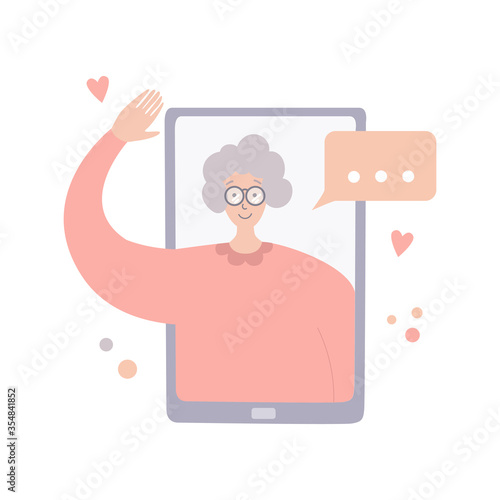 Video call with parents. Online communication during quarantine. Senior woman on phone screen. Talking on Internet with old mother. Social distancing lifestyle. Chatting during isolation period.