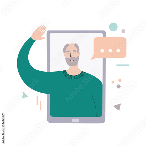 Video call with parents. Online communication during quarantine. Senior man on phone screen. Talking on Internet with old father. Social distancing lifestyle. Chatting during isolation period.