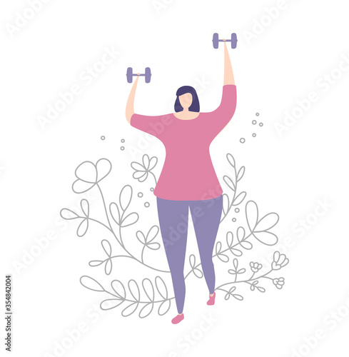 Woman working out with dumbbells. Exercising lady and floral ornament. Cute doodle flowers, plants in line style. Beautiful design of female fitness classes. Vector illustration on sports and workout.