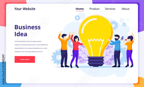 Business Idea concept, People holding a giant light bulb having ideas. Modern flat web page design for website and mobile website. Vector illustration